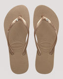 Havaianas Slim SW II Crystal Jandals in Rose Gold 3581 front view showing the elegant open toe thong configuration and delicate slim rose gold straps with sparkling genuine Swarovski crystal embellishment, sold by Point Break Cambridge local family surf shop at 63 Duke street.