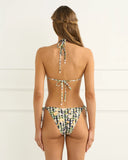 Heaven Aurea Bella Triangle Top in Multi colour bikini swimsuit back view showing the adjustable back tie configurations and smooth premium stretch paneling layout, sold by Point Break Cambridge local family surf shop at 63 Duke street.