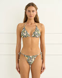 Heaven Aurea Bella Triangle Top in Multi colour bikini swimsuit close up view highlighting the premium smooth printed swim fabric weave, high quality strap stitching, and fully lined interior detail, sold by Point Break Cambridge local family surf shop at 63 Duke street.