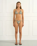Heaven Aurea Bella Triangle Top in Multi colour bikini swimsuit front view showing the adjustable triangle cups, vibrant custom print pattern, and halter neck straps, sold by Point Break Cambridge local family surf shop at 63 Duke street.