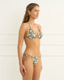 Heaven Aurea Bella Triangle Top in Multi colour bikini swimsuit side profile view highlighting the comfortable cup alignment, clean seam construction, and secure side tie anchorage, sold by Point Break Cambridge local family surf shop at 63 Duke street.
