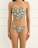 Heaven Aurea Jennifer Hipster Pant in Multi colour bikini swimsuit bottoms close up view highlighting the premium smooth stretch swim fabric weave and high quality lined interior stitching, sold by Point Break Cambridge local family surf shop at 63 Duke street.