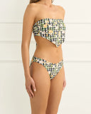 Heaven Aurea Jennifer Hipster Pant in Multi colour bikini swimsuit bottoms side profile view highlighting the comfortable low profile hip strap construction and clean leg openings, sold by Point Break Cambridge local family surf shop at 63 Duke street.