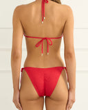 Heaven Cinabar Bella Triangle Top in Red bikini swimsuit back view showing the adjustable back tie configurations and smooth premium stretch red paneling layout, sold by Point Break Cambridge local family surf shop at 63 Duke street.