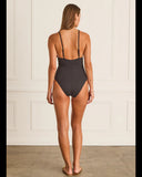 Heaven Faith D Cup One Piece swimsuit in Black back view showing the low scoop back and adjustable shoulder straps, sold by Point Break Cambridge local family surf shop at 63 Duke street.