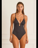 Heaven Faith D Cup One Piece swimsuit in Black front view showing the supportive neckline designed for fuller busts, sold by Point Break Cambridge local family surf shop at 63 Duke street.