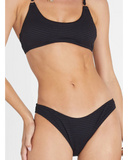 Heaven Jennifer Hipster Bikini Pant in Black close up view of the premium black stretch fabric weave and quality lining, sold by Point Break Cambridge local family surf shop at 63 Duke street