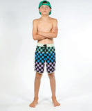 Front view of Hello Stranger super long board shorts in Multi Check displaying the vibrant retro checkered print pattern.
