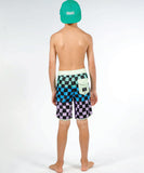 Back view of the youth Hello Stranger long board shorts showing the relaxed fit profile and quick-dry patch pocket.