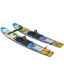 HO Trainers Hotshot 2027 Kids Ski Combo front view showing the wide profile children's water skis with the integrated stabilizing trainer bar layout and adjustable horseshoe bindings, sold by Point Break Cambridge local family surf shop at 63 Duke street.