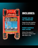 Red and black FPV Sports trainer rope kit with red-and-white rope loops and a printed instruction label, shown on a dark blue-to-black gradient background with text listing included accessories.
