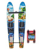 HO Trainers Hotshot 2027 Kids Ski Combo close up view highlighting the premium soft adjustable boot linings, detailed brand graphics, and parent controlled training rope handle kit hardware, sold by Point Break Cambridge local family surf shop at 63 Duke street.