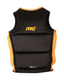 Jetpilot Freeride Boys Youth Eco Vest in Black back view highlighting the distinctive Jetpilot branding, lightweight Ecoprene outer fabric, slim-profile stitch-through panel construction and comfortable anatomical youth fit, sold by Point Break Cambridge local family surf shop at 63 Duke Street.