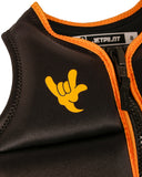 Jetpilot Freeride Boys Youth Eco Vest in Black close up view highlighting the premium Ecoprene fabric texture, durable YKK front zipper, detailed stitch-through panel construction, lightweight buoyancy foam and signature Jetpilot branding, sold by Point Break Cambridge local family surf shop at 63 Duke Street.