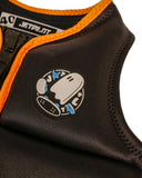 Jetpilot Freeride Boys Youth Eco Vest in Black close up view highlighting the premium Ecoprene fabric texture, durable YKK front zipper, detailed stitch-through panel construction, lightweight buoyancy foam and signature Jetpilot branding, sold by Point Break Cambridge local family surf shop at 63 Duke Street.