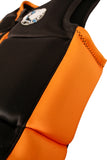 Jetpilot Freeride Boys Youth Eco Vest in Black close up view highlighting the premium Ecoprene fabric texture, durable YKK front zipper, detailed stitch-through panel construction, lightweight buoyancy foam and signature Jetpilot branding, sold by Point Break Cambridge local family surf shop at 63 Duke Street.