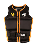 Jetpilot Freeride Boys Youth Eco Vest in Black front view showcasing the sleek black and grey watersports design, lightweight Ecoprene fabric, anatomical youth fit, secure YKK front zipper and flexible buoyancy panels, sold by Point Break Cambridge local family surf shop at 63 Duke Street.
