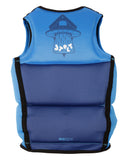 Jetpilot Freeride Boys Youth Eco Vest in Blue back view highlighting the distinctive Jetpilot branding, vibrant blue and black colourway, lightweight Ecoprene outer fabric, slim-profile stitch-through panel construction and comfortable anatomical youth fit, sold by Point Break Cambridge local family surf shop at 63 Duke Street.