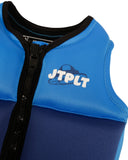 Jetpilot Freeride Boys Youth Eco Vest in Blue close up view highlighting the premium Ecoprene fabric texture, durable YKK front zipper, detailed stitch-through panel construction, lightweight Freelite buoyancy foam and signature Jetpilot branding, sold by Point Break Cambridge local family surf shop at 63 Duke Street.