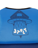 Jetpilot Freeride Boys Youth Eco Vest in Blue close up view highlighting the premium Ecoprene fabric texture, durable YKK front zipper, detailed stitch-through panel construction, lightweight Freelite buoyancy foam and signature Jetpilot branding, sold by Point Break Cambridge local family surf shop at 63 Duke Street.