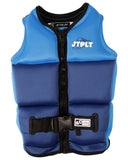 Jetpilot Freeride Boys Youth Eco Vest in Blue front view showcasing the vibrant blue watersports design, contrasting black and white detailing, lightweight Ecoprene fabric, anatomical youth fit, secure YKK front zipper and flexible buoyancy panels, sold by Point Break Cambridge local family surf shop at 63 Duke Street.