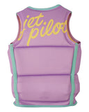 Jetpilot Freeride Girls Youth Eco Vest in Purple back view highlighting the distinctive sublimated purple gradient pattern, lightweight Ecoprene outer fabric, slim-profile stitch-through construction and comfortable anatomical youth fit, sold by Point Break Cambridge local family surf shop at 63 Duke Street.