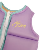 Jetpilot Freeride Girls Youth Eco Vest in Purple close up view highlighting the premium Ecoprene fabric texture, durable YKK front zipper, detailed stitch-through panel construction, vibrant purple gradient print and signature Jetpilot branding, sold by Point Break Cambridge local family surf shop at 63 Duke Street.