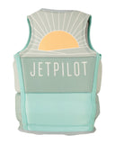Jetpilot Freeride Girls Youth Eco Vest in Teal back view highlighting the distinctive teal watersports design, lightweight Ecoprene outer fabric, slim-profile stitch-through construction, supportive buoyancy panels and comfortable anatomical youth fit, sold by Point Break Cambridge local family surf shop at 63 Duke Street.
