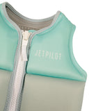 Jetpilot Freeride Girls Youth Eco Vest in Teal close up view highlighting the premium Ecoprene fabric texture, durable YKK zipper, detailed stitch-through panel construction, distinctive teal and white floral design and signature Jetpilot branding, sold by Point Break Cambridge local family surf shop at 63 Duke Street.