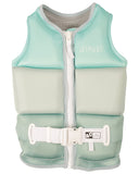 Jetpilot Freeride Girls Youth Eco Vest in Teal front view showcasing the vibrant ocean-inspired teal colourway, contrasting floral design, anatomical youth fit, lightweight Ecoprene fabric, secure YKK front zipper and flexible buoyancy panels, sold by Point Break Cambridge local family surf shop at 63 Duke Street.