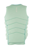 Jetpilot Isla F/E Ladies Neo Vest in Teal back view highlighting the tapered women's silhouette, flexible 360 Stretch neoprene, V-shaped segmented buoyancy panels, signature Jetpilot branding and delicate white daisy detailing, sold by Point Break Cambridge local family surf shop at 63 Duke Street.
