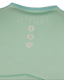 Jetpilot Isla F/E Ladies Neo Vest in Teal close up view highlighting the premium 360 Stretch neoprene fabric texture, durable PK Lok zipper, adjustable waist buckle, detailed segmented buoyancy panels and white daisy floral graphics with yellow centres, sold by Point Break Cambridge local family surf shop at 63 Duke Street.