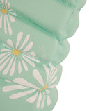 Jetpilot Isla F/E Ladies Neo Vest in Teal close up view highlighting the premium 360 Stretch neoprene fabric texture, durable PK Lok zipper, adjustable waist buckle, detailed segmented buoyancy panels and white daisy floral graphics with yellow centres, sold by Point Break Cambridge local family surf shop at 63 Duke Street.