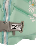 Jetpilot Isla F/E Ladies Neo Vest in Teal close up view highlighting the premium 360 Stretch neoprene fabric texture, durable PK Lok zipper, adjustable waist buckle, detailed segmented buoyancy panels and white daisy floral graphics with yellow centres, sold by Point Break Cambridge local family surf shop at 63 Duke Street.