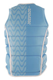 Jetpilot Luna F/E Ladies Eco Vest in Blue back view highlighting the tapered women's silhouette, lightweight Ecoprene fabric, segmented Freelite buoyancy panels, contrasting white binding, sublimated wave graphics and signature vertical Jetpilot branding, sold by Point Break Cambridge local family surf shop at 63 Duke Street.