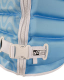 Jetpilot Luna F/E Ladies Eco Vest in Blue close up view highlighting the premium Ecoprene fabric texture, durable PK Lok front zipper, adjustable waist buckle, detailed segmented buoyancy panels, contrasting white trim and distinctive sublimated wave print, sold by Point Break Cambridge local family surf shop at 63 Duke Street.