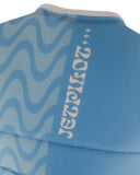 Jetpilot Luna F/E Ladies Eco Vest in Blue close up view highlighting the premium Ecoprene fabric texture, durable PK Lok front zipper, adjustable waist buckle, detailed segmented buoyancy panels, contrasting white trim and distinctive sublimated wave print, sold by Point Break Cambridge local family surf shop at 63 Duke Street.