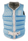 Jetpilot Luna F/E Ladies Eco Vest in Blue front view showcasing the vibrant sky blue colourway, distinctive sublimated wave print, lightweight Ecoprene construction, secure PK Lok front zipper, adjustable waist buckle and flattering anatomical women's fit, sold by Point Break Cambridge local family surf shop at 63 Duke Street.