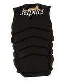Jetpilot Zahra X1 F/E Ladies Neo Vest in Black back view highlighting the tapered women's fit, flexible neoprene fabric, chevron-shaped buoyancy panels, striking Jetpilot script branding and distinctive leopard graphic, sold by Point Break Cambridge local family surf shop at 63 Duke Street.