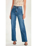 Front full-length view of the women's Junkfood Anastasia wide-leg jeans in classic blue denim showing the high-rise waist.