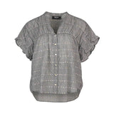 Black and white checkered blouse with ruffled sleeves on a white background Front view of the Knewe Label Addison Top in Ink Gingham navy and white check, showcasing the elegant neckline and relaxed fit layout.