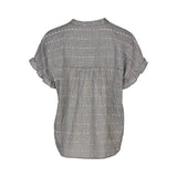 A short-sleeve blouse with a textured gray and white micro-check pattern, featuring a gathered waist seam and ruffled sleeves, shown against a plain white background. Back view of the Knewe Label Addison Top in Ink Gingham navy and white check, showcasing the elegant neckline and relaxed fit layout.