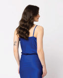 Leila + Luca Cami in Cobalt Satin blue back view showing the elegant relaxed drape premium vibrant satin fabric alignment and clean structural rear panel tailoring with flatlock seam stitching, sold by Point Break Cambridge local family surf shop at 63 Duke street.