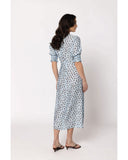 Leila + Luca Gathering Dress in Soft Spot back view showing the elegant relaxed drape premium patterned fabric alignment and clean structural bodice paneled tailoring with flatlock seam stitching, sold by Point Break Cambridge local family surf shop at 63 Duke street.