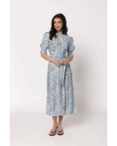 Leila + Luca Gathering Dress in Soft Spot front view showing the elegant relaxed midi length silhouette flattering tailored neckline and clean casual flowing lower soft spot print hemline profile, sold by Point Break Cambridge local family surf shop at 63 Duke street.
