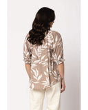 Leila + Luca Genuine Top in Maple Fauna back view showing the elegant relaxed drape premium patterned fabric alignment and clean structural shoulder paneled tailoring with flatlock seam stitching, sold by Point Break Cambridge local family surf shop at 63 Duke street.