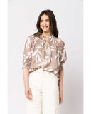 Leila + Luca Genuine Top in Maple Fauna front view showing the elegant relaxed silhouette flattering tailored neckline and clean casual flowing lower earth-toned pattern hemline profile, sold by Point Break Cambridge local family surf shop at 63 Duke street.