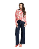 Leila + Luca New York Top in Ruby Pop colour long sleeve blouse front view showing the elegant neckline, sold by Point Break Cambridge local family surf shop at 63 Duke street.