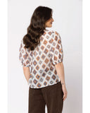 Leila + Luca Nina Blouse in Choc Blue Diamond back view showing the elegant relaxed drape premium patterned fabric alignment and clean structural shoulder paneled tailoring with flatlock seam stitching, sold by Point Break Cambridge local family surf shop at 63 Duke street.