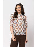 Leila + Luca Nina Blouse in Choc Blue Diamond front view showing the elegant relaxed silhouette flattering tailored neckline and clean casual flowing lower geometric diamond print hemline profile, sold by Point Break Cambridge local family surf shop at 63 Duke street.